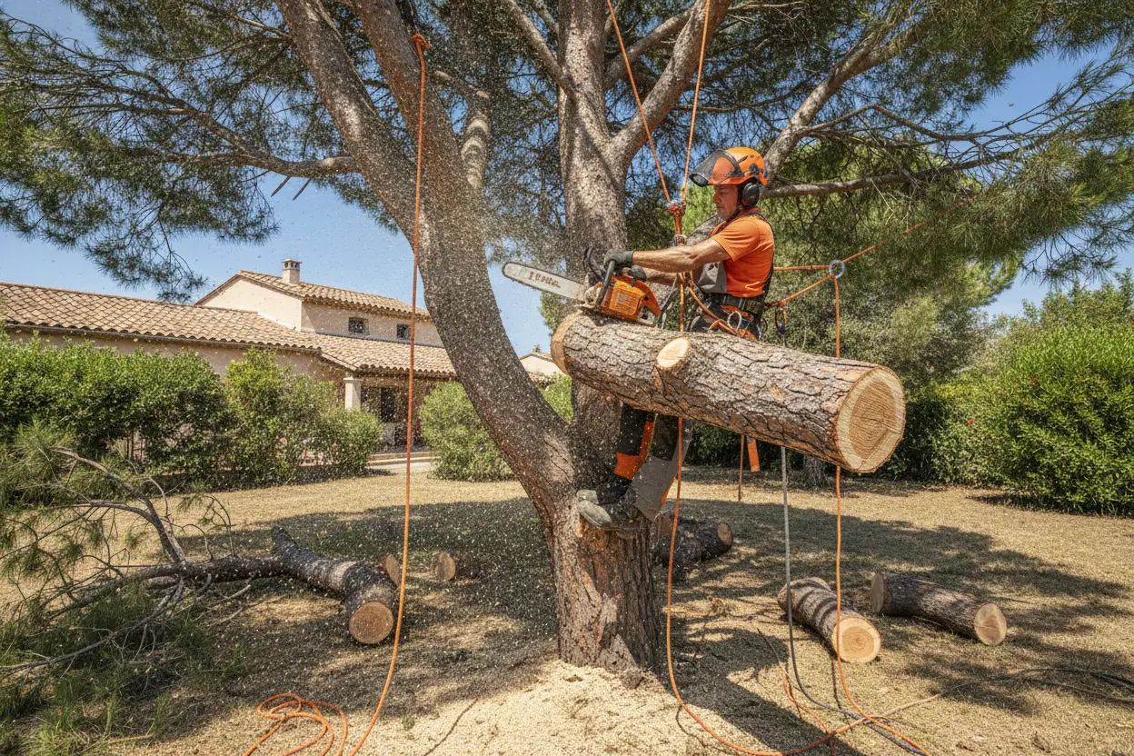 Abattage sécurisé d'un arbre dans un jardin pavillonnaire à Saleilles
