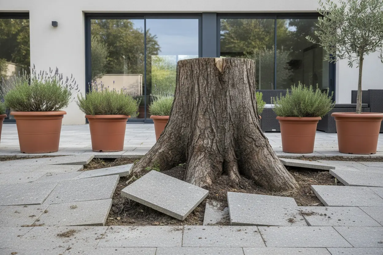 Souche de cyprès en décomposition près d'une pergola à Perpignan