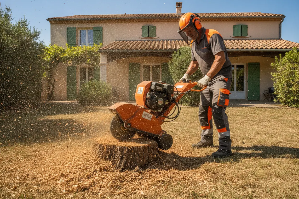 Rognage de souche après abattage dans un jardin à Saleilles