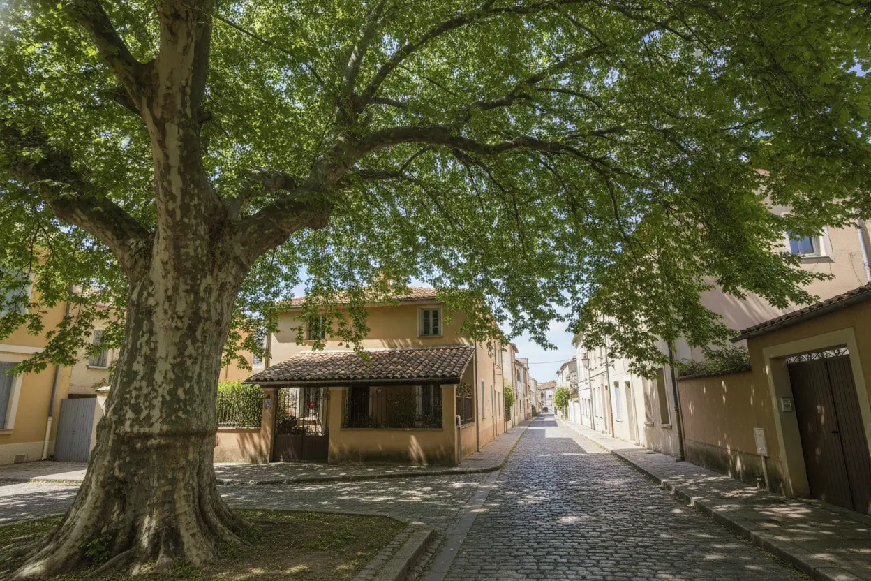 Platane du Centre ancien de Perpignan avec houppier dense avant élagage