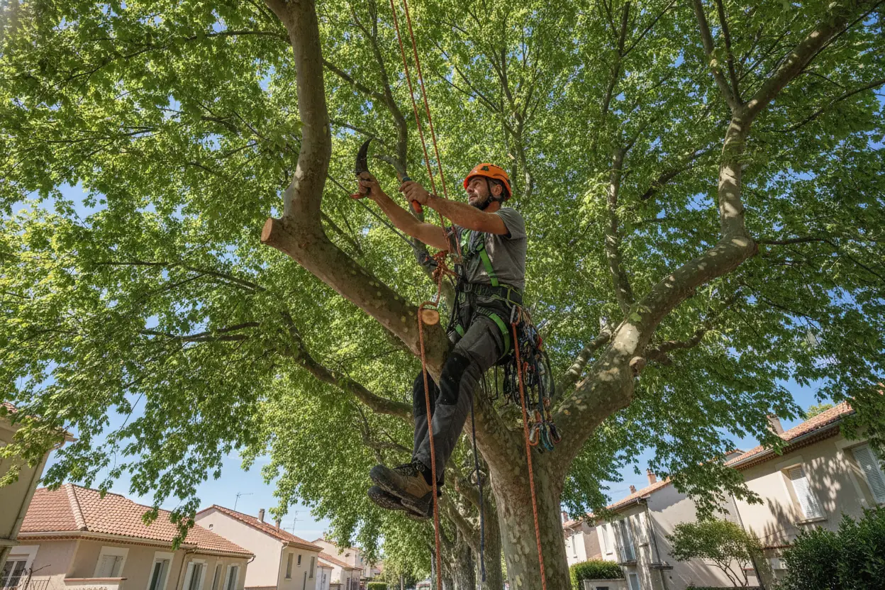 Élagueur taillant un olivier dans un jardin à Saleilles