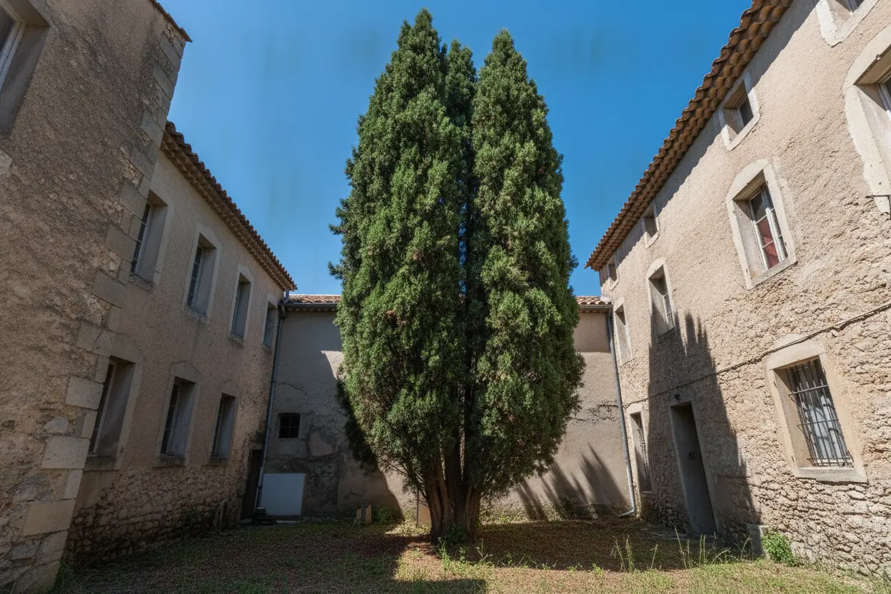Jardin clos dégagé après démontage complet du cèdre à Saint-Jacques
