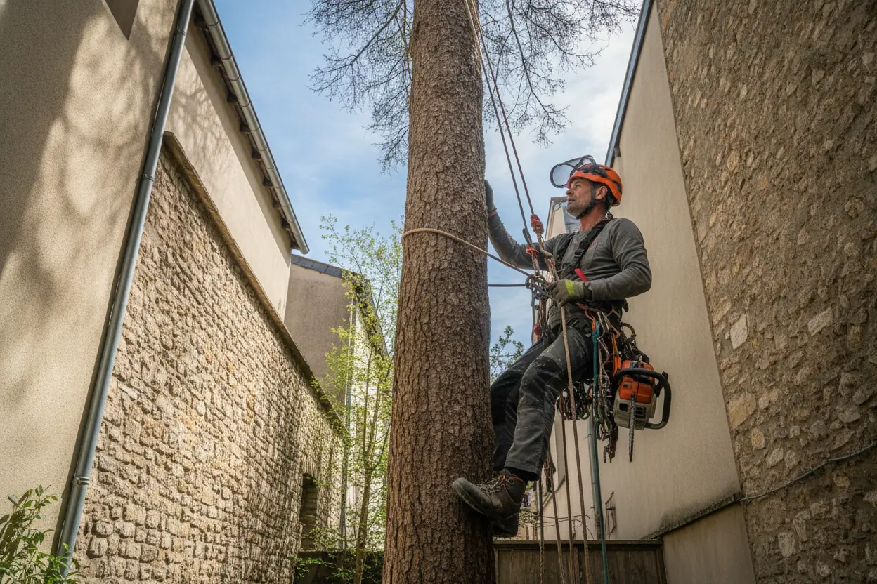 Arboriste grimpeur en intervention à la corde à Saleilles