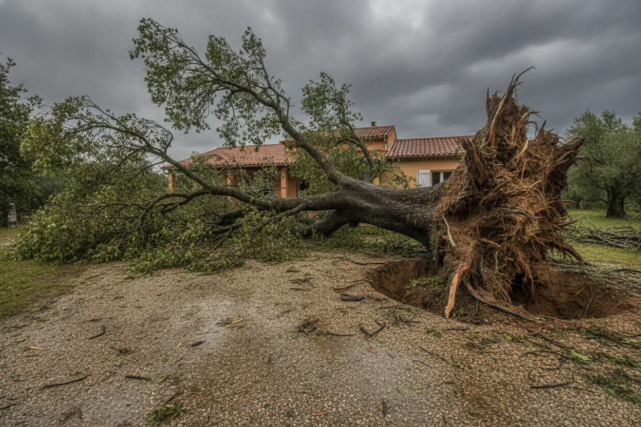 Branche de platane cassée sur une toiture à Saint-Jacques, Perpignan