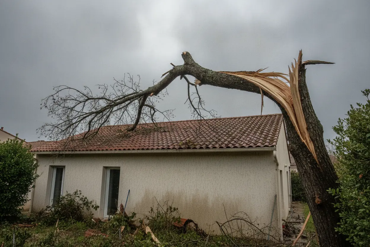 Cyprès déraciné penché contre une clôture au Vernet, Perpignan