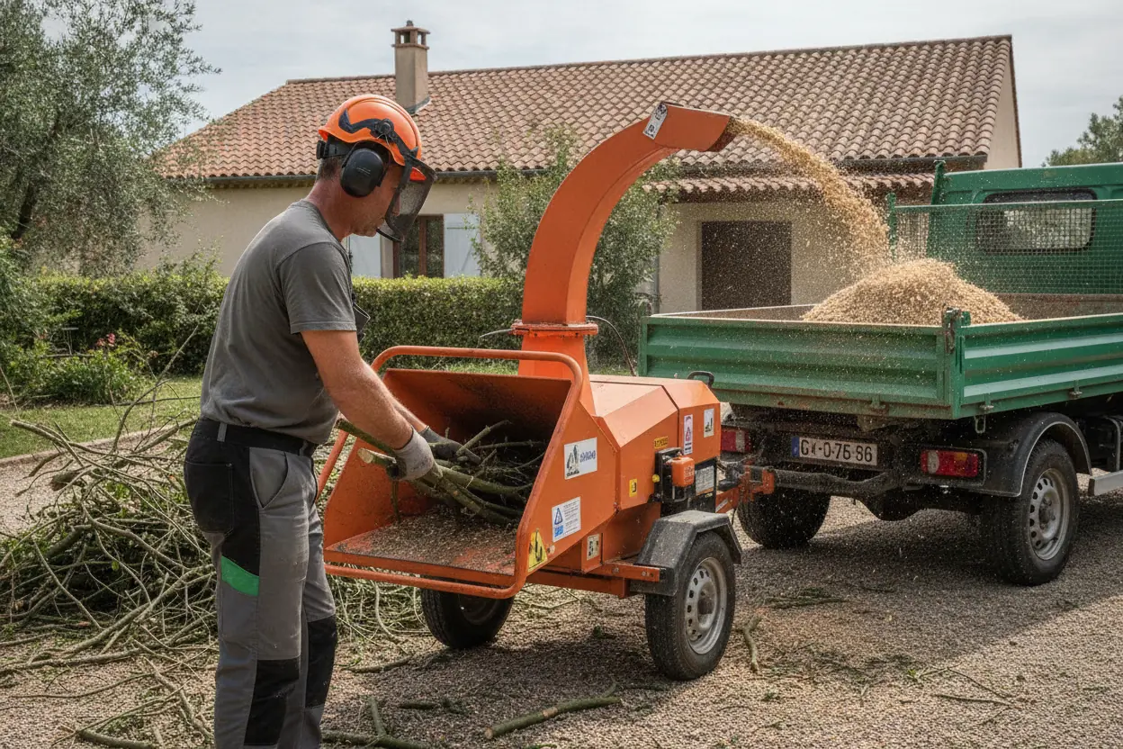 Broyage de branches après élagage dans un jardin à Saleilles