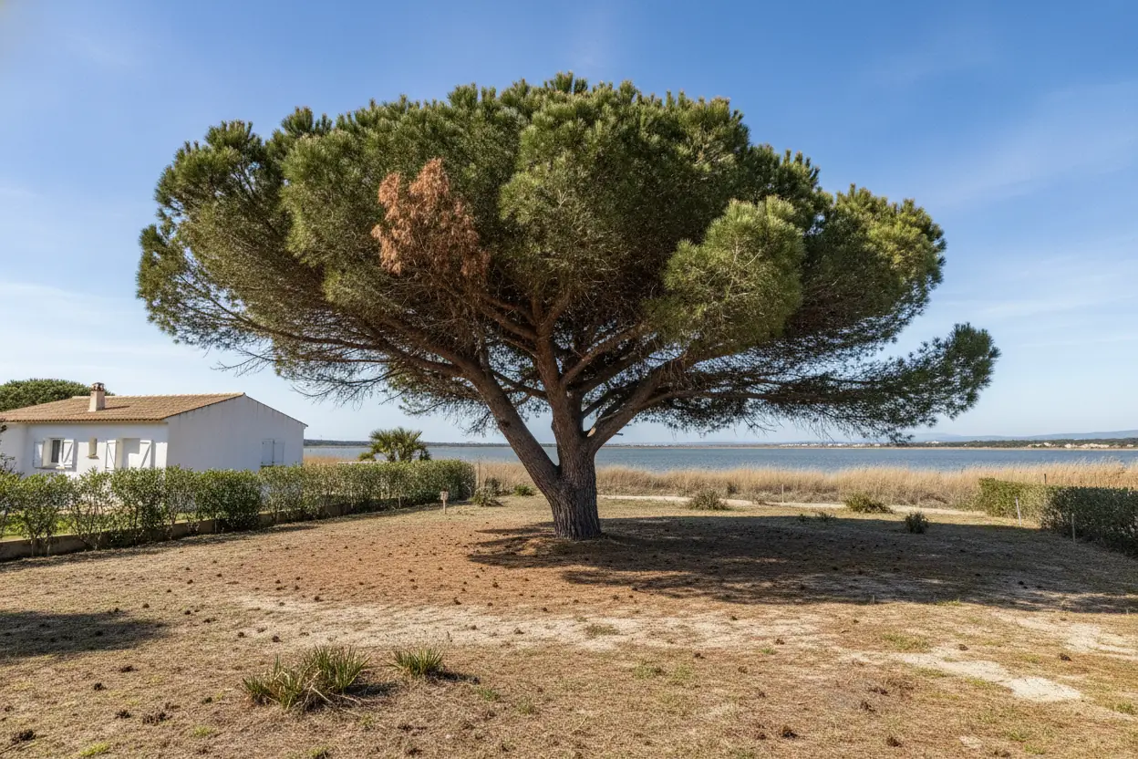 Pin parasol dense avant élagage à Canet-en-Roussillon