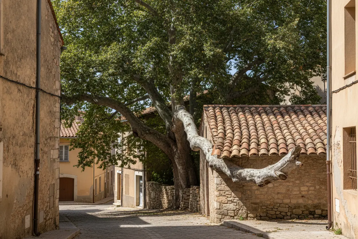 Platane centenaire au houppier déséquilibré à Rivesaltes