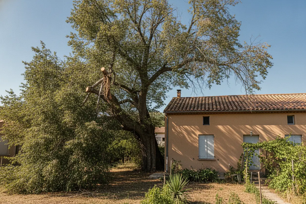 Platane taillé et rééquilibré au centre-village de Saleilles