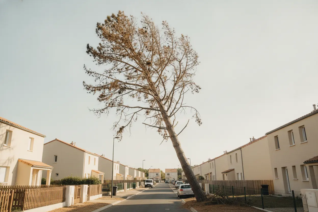 Pin malade menaçant une clôture dans un lotissement à Saleilles